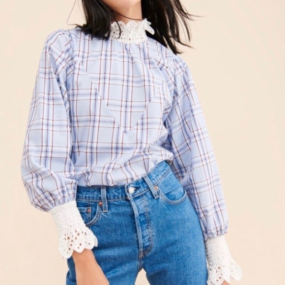 Anthro English Factor Collar Poplin Lace top - Picture 1 of 5